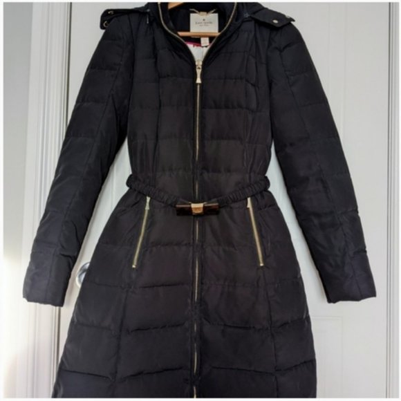 kate spade black Belted Faux Fur Trim Down Coat size xs nwot - Picture 4 of 11